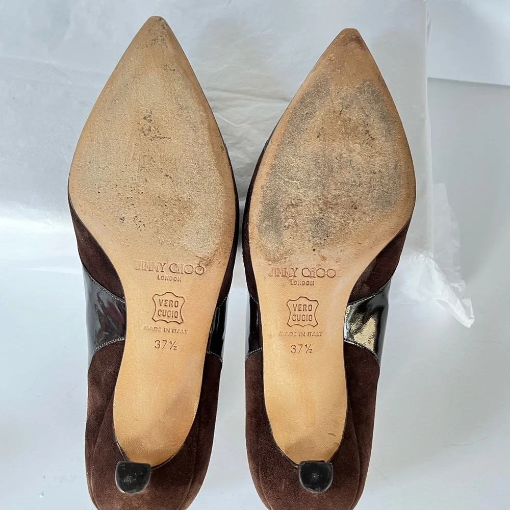 Jimmy Choo brown suede patent leather kitten heels 37.5